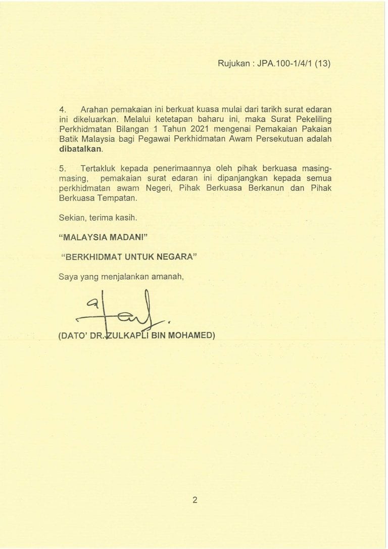 Surat pemakaian baju batik penjawat awam 2